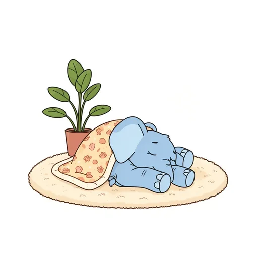 Blue elephant mascot sleeping on a cozy carpet